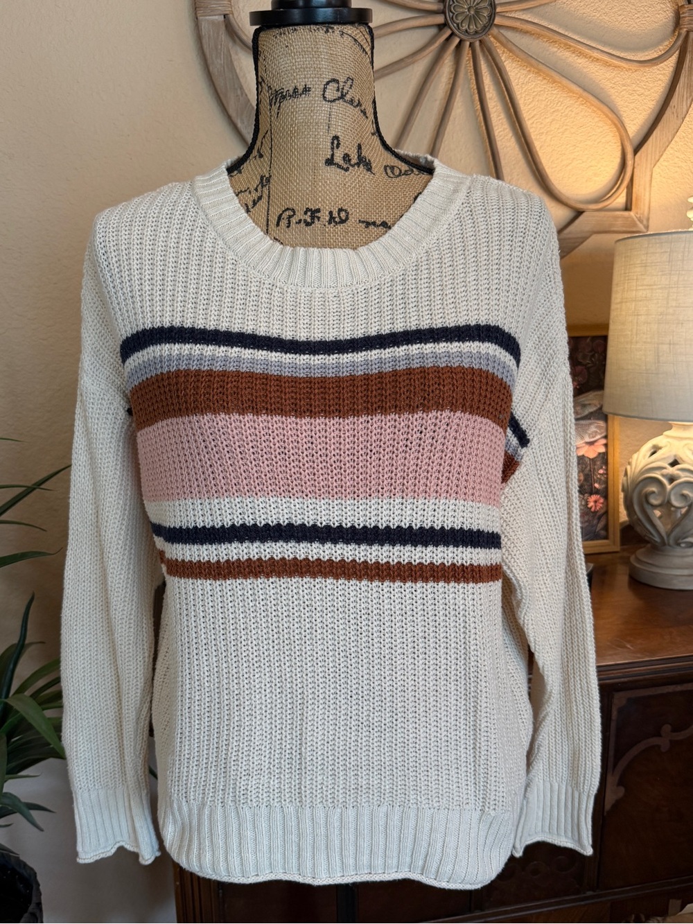 American Eagle Cream Stripe Knit Sweater with Pink & Brown Accents